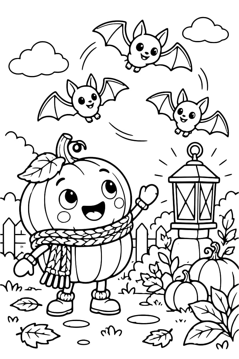 Un personnage citrouille emmitouflé regarde trois chauves-souris près d’une lanterne, entouré de citrouilles, de feuilles et de nuages.