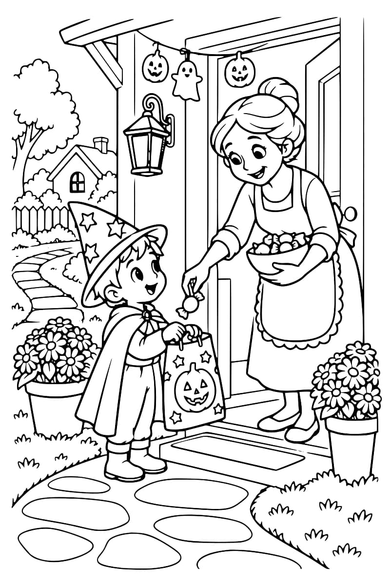 Dessin en noir et blanc montrant un enfant déguisé recevant une friandise d’une femme sur le seuil d’une maison décorée de citrouilles et de fantômes.