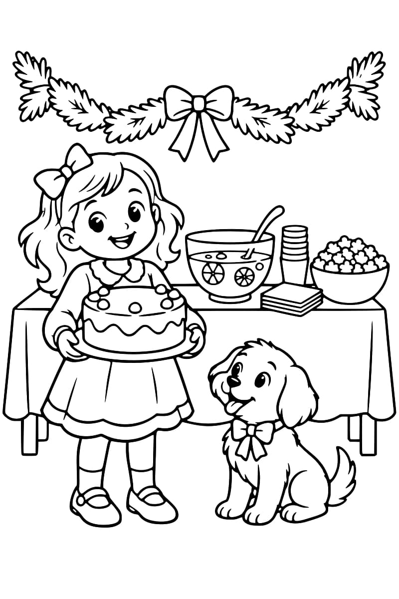 Une fille souriante tient un gâteau rond devant une table garnie de boissons, de pop-corn, de gobelets et de serviettes, sous une guirlande avec un nœud, à côté d’un chien.