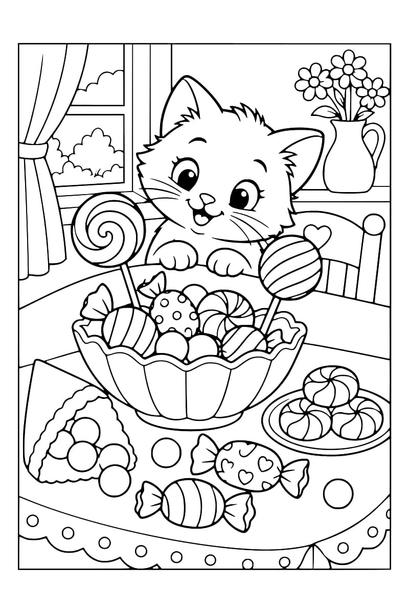 Des bonbons variés, des sucettes et un petit bol sont arrangés en plusieurs niveaux sur une table.