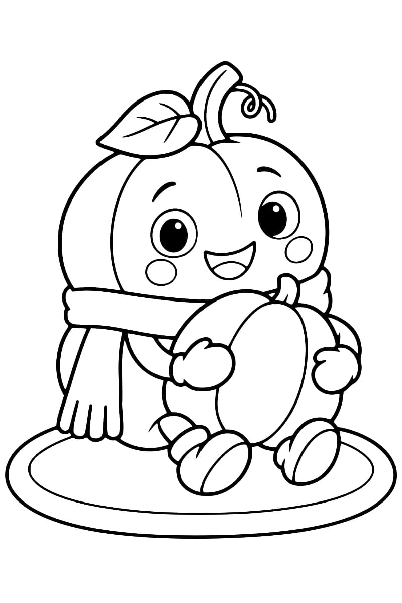 Dessin en noir et blanc de Citrouli, une citrouille souriante avec une feuille sur la tête et une écharpe, assis sur un tapis ovale en tenant un coussin citrouille.