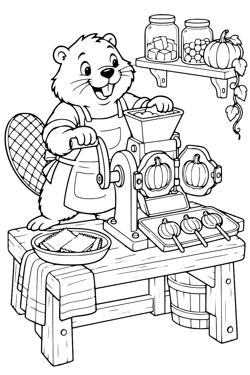 Dessin en noir et blanc d’un castor en tablier devant une presse à manivelle aux moules ouverts en forme de citrouille. Trois sucettes reposent sur un plateau posé sur une table en bois. Une étagère porte deux bocaux de confiseries et une citrouille.