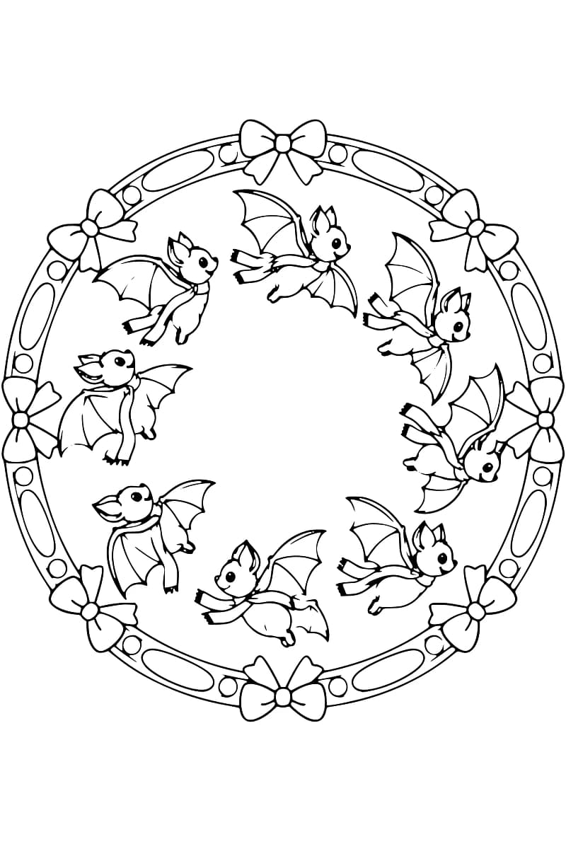 Mandala de huit chauves-souris vues de profil, chacune en écharpe, avec une couronne de nœuds et une bordure ovale.