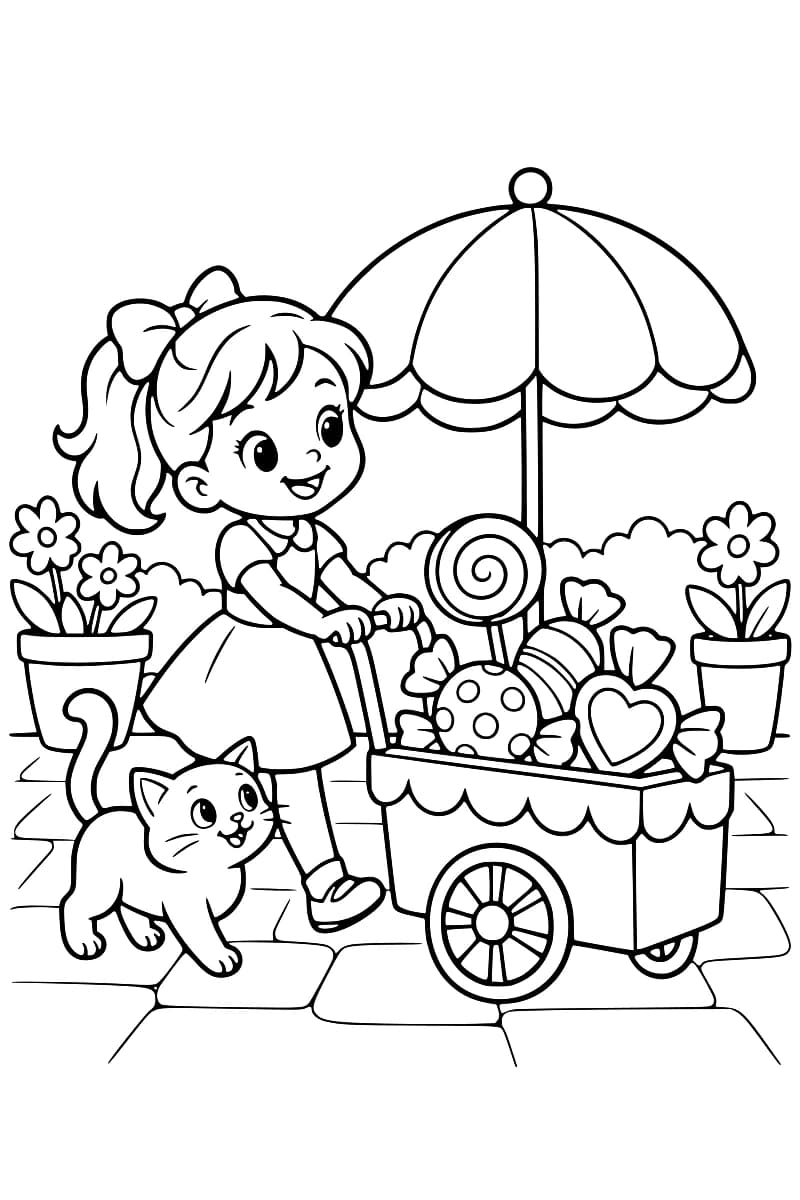 Coloriage représentant une fillette poussant un chariot de bonbons avec un chat, des fleurs et un grand parasol.