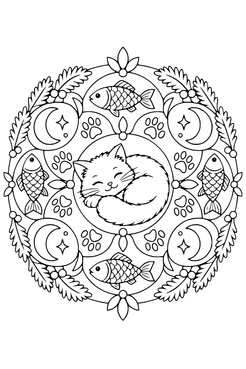 Mandala en noir et blanc représentant un chat endormi au centre, entouré de poissons, de pattes, de croissants de lune et de feuillages.