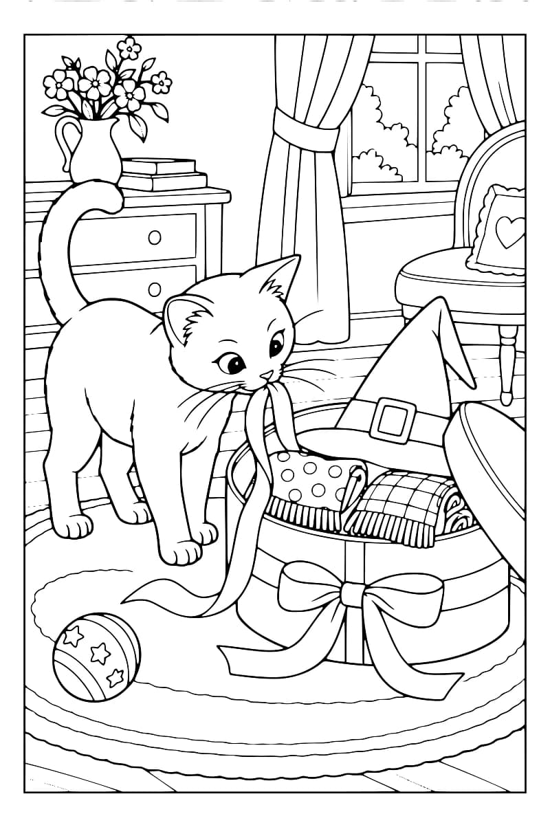 Chat près d’une boîte à chapeaux ouverte et de deux écharpes.