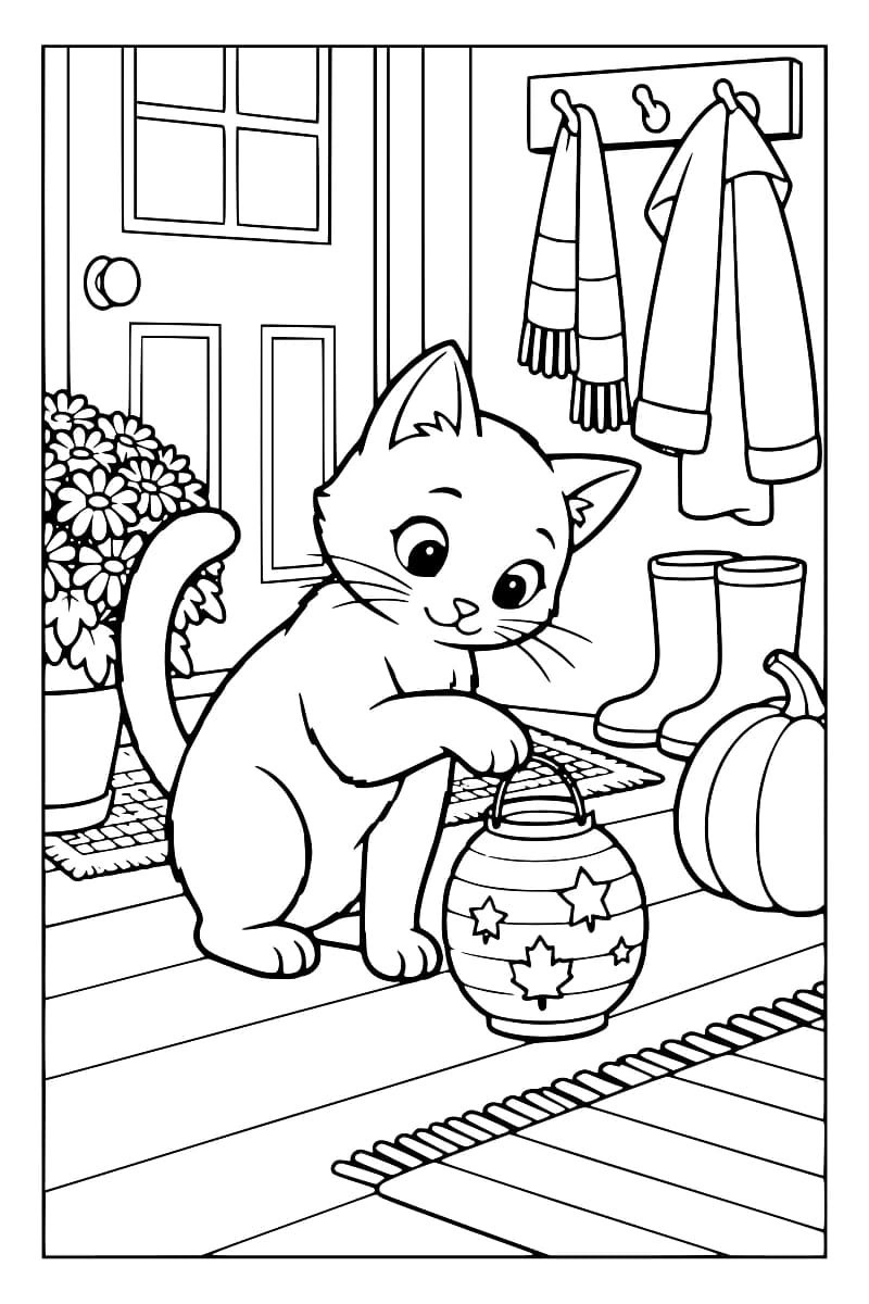 Un chat blanc assis dans une entrée pose la patte sur une citrouille décorative, avec des manteaux, des bottes et des fleurs autour de lui.
