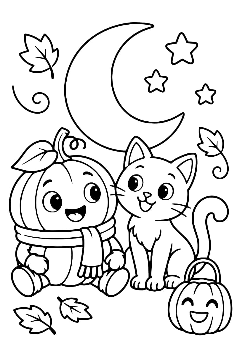Dessin en noir et blanc montrant un chat assis à côté d’une citrouille souriante sous un croissant de lune, avec des étoiles, des feuilles et une autre citrouille au premier plan.