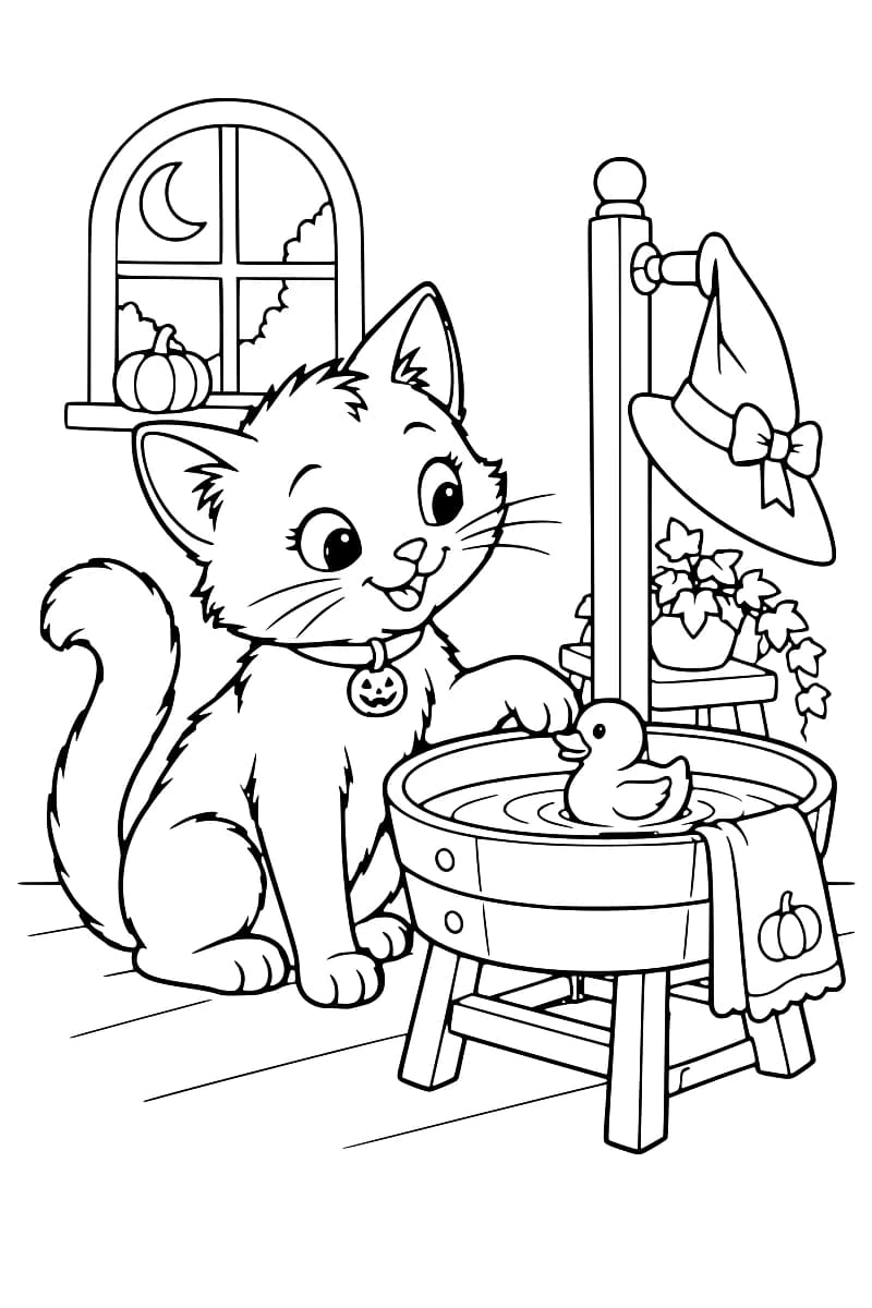 Dessin au trait d’un chat assis devant une bassine sur pieds où flotte un canard-jouet, avec une serviette ornée d’une citrouille sur le bord. Un chapeau de sorcière est suspendu à droite et une citrouille repose devant une fenêtre montrant un croissant de lune.