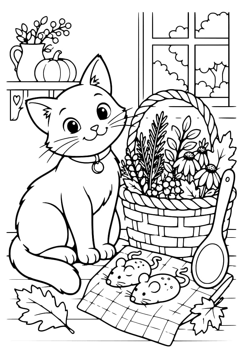 Dessin en noir et blanc d’un chat assis à côté d’un panier rempli de fleurs et de feuillages, avec deux biscuits en forme de souris, une cuillère, des citrouilles et des feuilles d’automne.