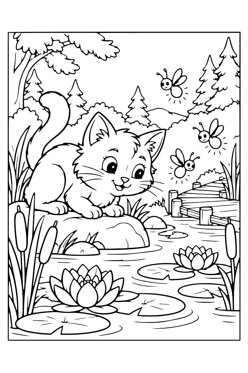 Dessin à colorier d’un chat accroupi sur un rocher face à trois lucioles, au bord d’un étang avec des nénuphars, des roseaux à massettes et un ponton, sur fond d’arbres.