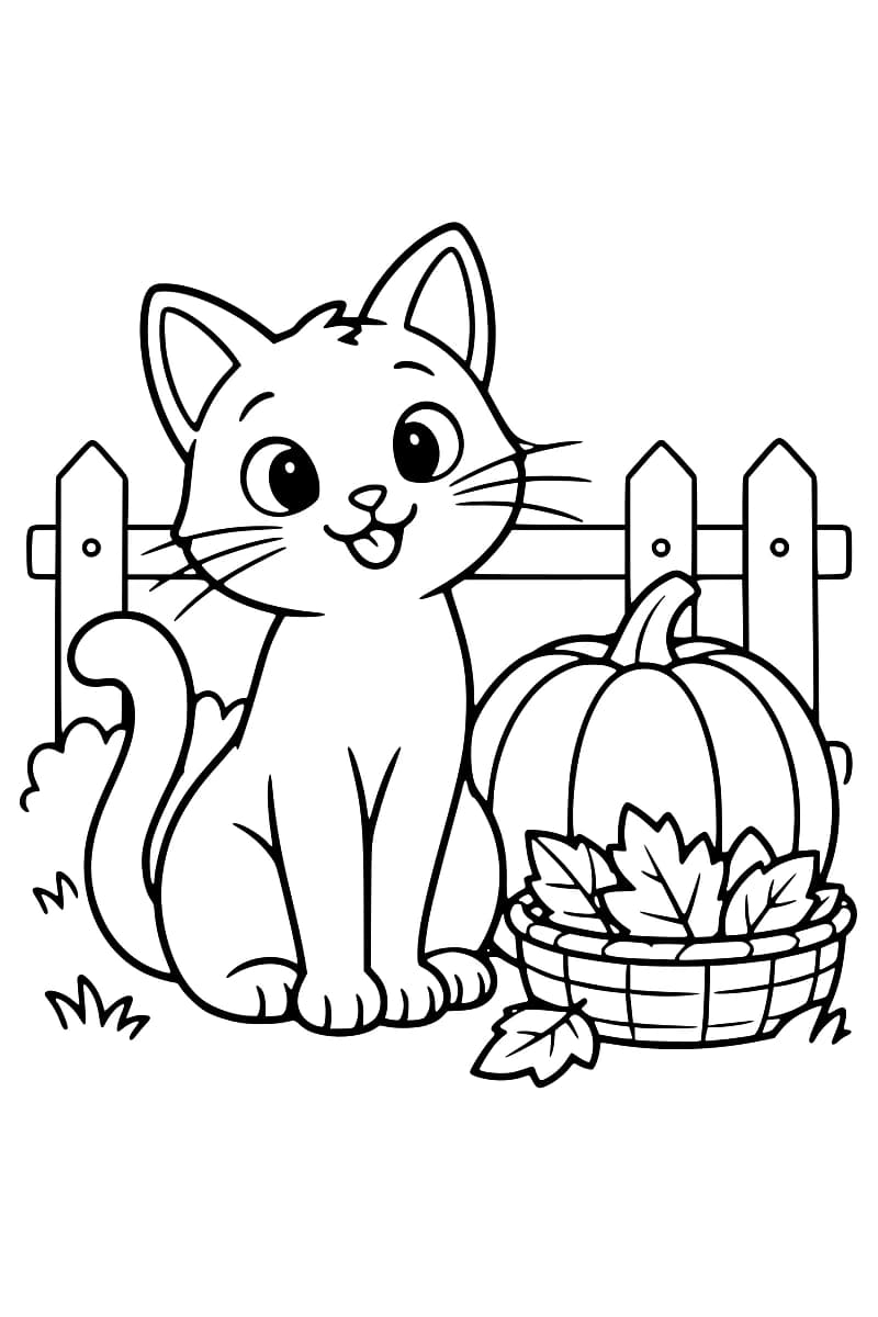 Dessin en noir et blanc d’un chat assis près d’un potiron dans un panier de feuilles, devant une clôture.