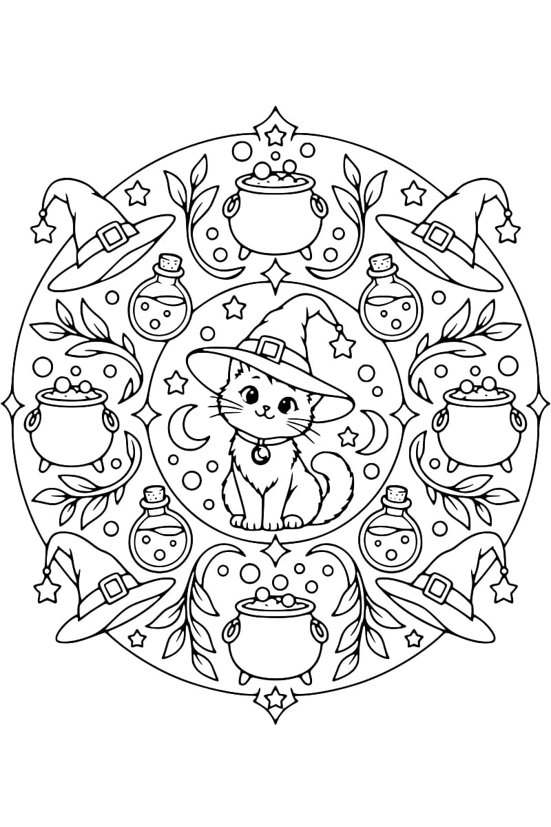 Dessin en noir et blanc d’un chat assis avec un chapeau de sorcière au centre d’un mandala entouré de chaudrons, fioles, chapeaux pointus, étoiles et feuilles.