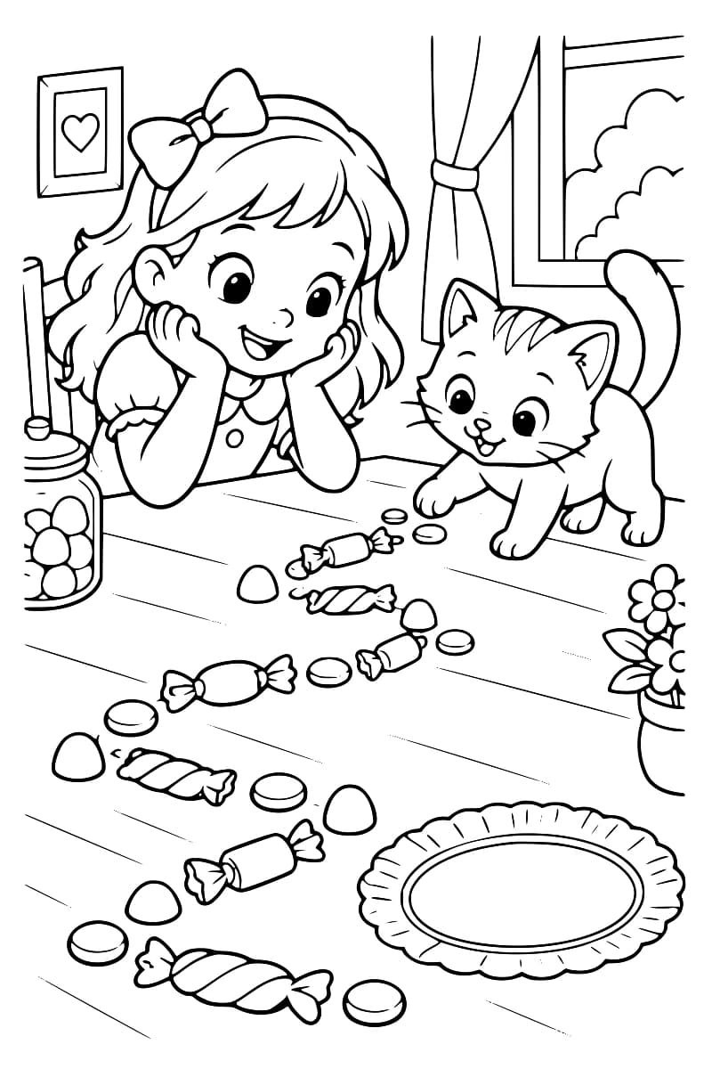 Dessin en noir et blanc d’une fillette et d’un chat près d’un chemin de bonbons disposés sur une table, avec une assiette vide au premier plan.