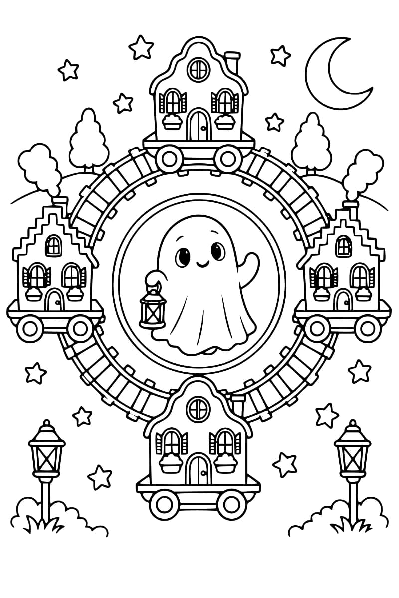 Dessin en noir et blanc de quatre maisons sur des wagons autour d’un circuit ferroviaire circulaire, avec un fantôme tenant une lanterne au centre, des étoiles, un croissant de lune, des arbres et deux lampadaires.