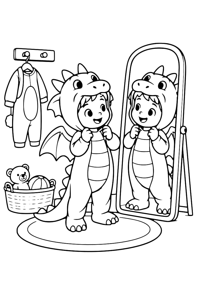 Dessin en noir et blanc d’un enfant déguisé en dragon devant un miroir, avec un costume suspendu et un panier de jouets.