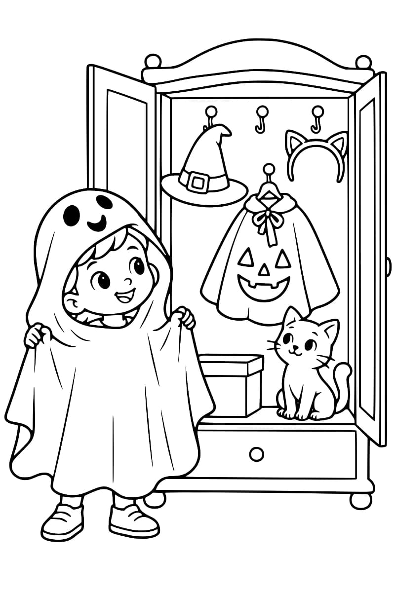 Enfant souriante en costume de fantôme devant une armoire ouverte contenant un chapeau de sorcière, une cape citrouille et un serre-tête à oreilles de chat, avec un chat assis au pied du meuble.