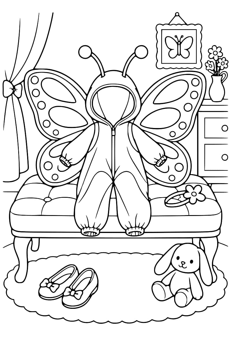 Illustration en noir et blanc d’un personnage portant un costume de papillon, assis sur un canapé avec des ailes décorées et des antennes, entouré de chaussures et d’un doudou.