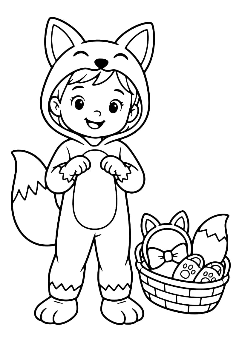 Dessin en noir et blanc d’un enfant vêtu d’un costume de renard, debout près d’un panier contenant des accessoires.