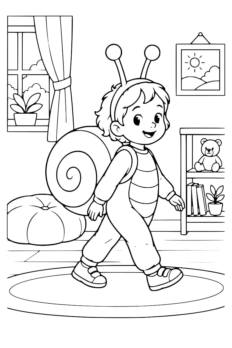 Enfant déguisé en escargot, vu de profil.
