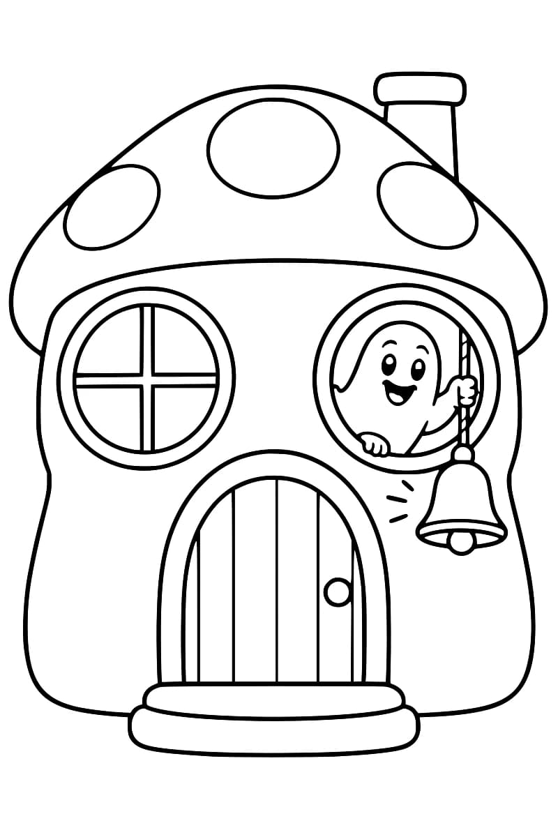 Dessin au trait noir d’une maison-champignon avec un toit à pois, une cheminée, une porte arrondie et deux fenêtres rondes, dont l’une accueille un fantôme souriant tenant la corde d’une cloche.