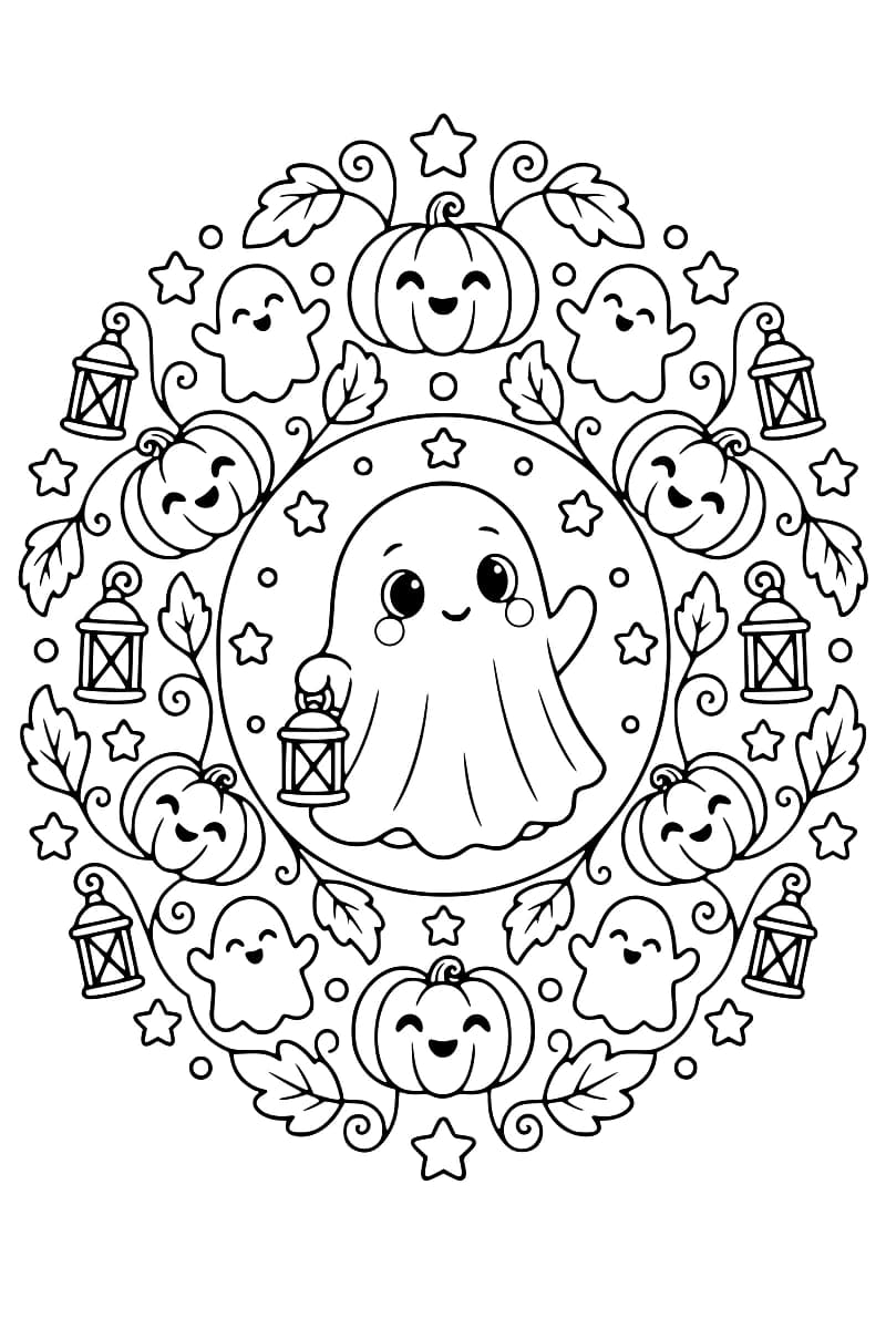 Dessin en noir et blanc d’un grand fantôme souriant tenant une lanterne, entouré de citrouilles, de petits fantômes, de lanternes, de feuilles et d’étoiles disposés en cercle.
