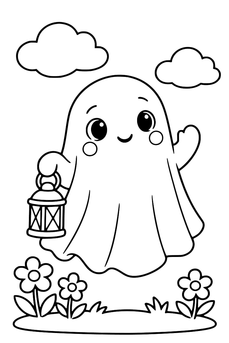 Dessin en noir et blanc d’un petit fantôme souriant tenant une lanterne dans un jardin avec des fleurs et deux nuages.
