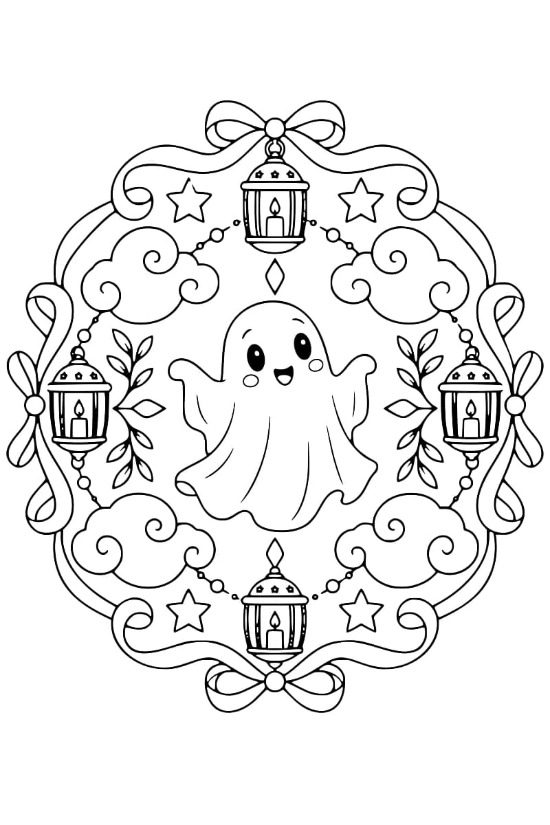 Dessin en noir et blanc représentant un fantôme souriant au centre d’un motif décoratif symétrique avec quatre lanternes, des nuages, des étoiles et des feuillages.