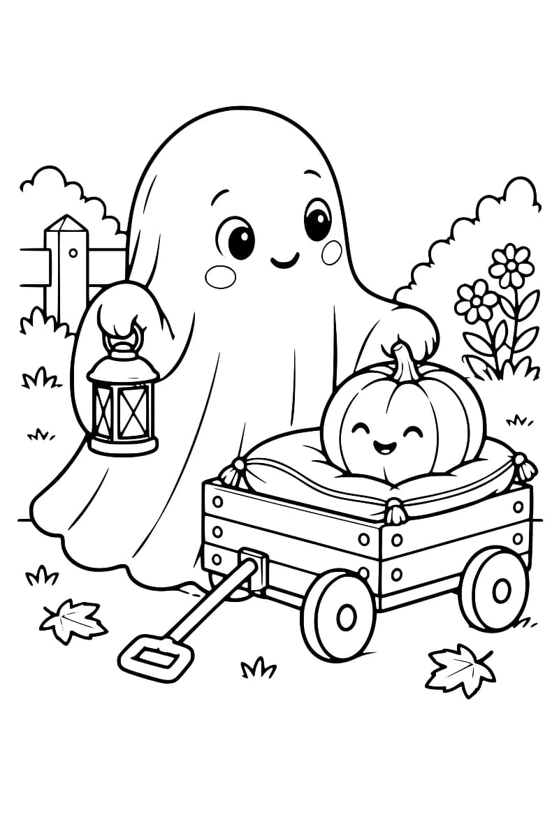 Dessin en noir et blanc d’un fantôme souriant tenant une lanterne à côté d’un chariot en bois où repose une citrouille sur un coussin, avec une clôture, des fleurs et des feuilles au sol.