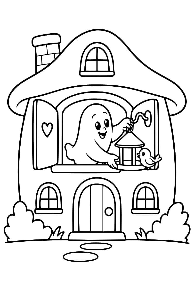 Dessin à colorier d’une maison au toit arrondi, avec une cheminée, des fenêtres et des buissons ; à la fenêtre ouverte de l’étage, un fantôme souriant tient une mangeoire suspendue à un crochet, avec un oiseau posé sur son rebord.
