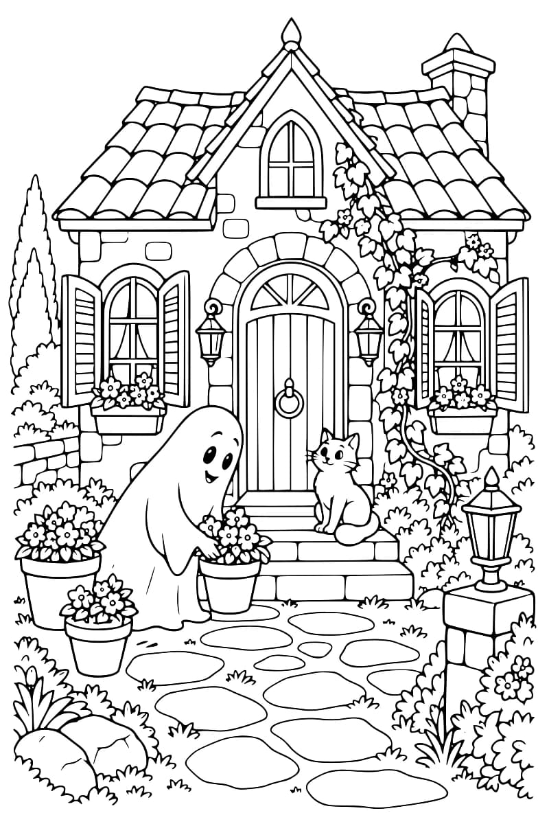 Dessin en noir et blanc d’un fantôme portant un pot de fleurs et d’un chat devant une grande maison ancienne fleurie.