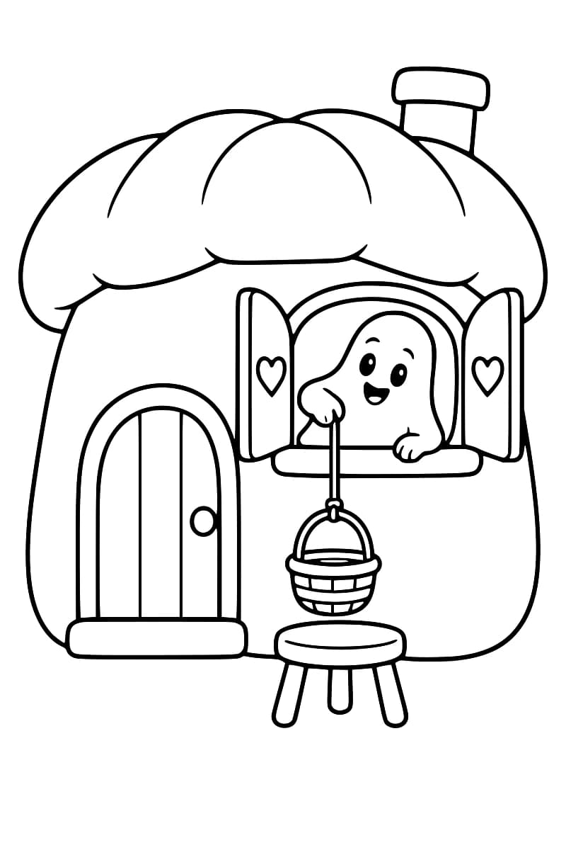 Dessin au trait noir d’une maison arrondie avec une cheminée et une porte cintrée. À la fenêtre ouverte aux volets ornés de cœurs, un fantôme souriant tient un panier suspendu à une corde au-dessus d’un tabouret.