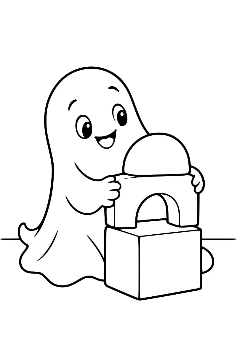 Dessin en noir et blanc d’un fantôme souriant tenant le bloc en arche d’une tour composée d’un cube à la base et d’un dôme au sommet.
