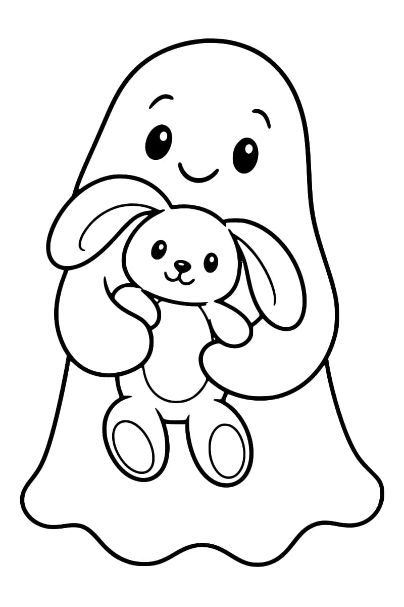Gentil fantôme tenant dans ses bras un lapin en peluche aux grandes oreilles.