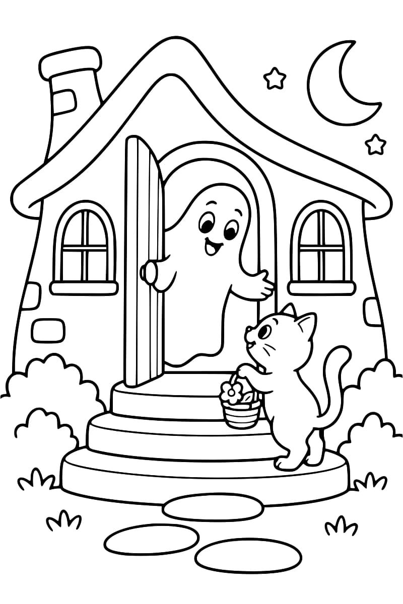 Dessin en noir et blanc représentant un fantôme ouvrant la porte d’une maison hantée à un chat qui tient un panier de fleurs.