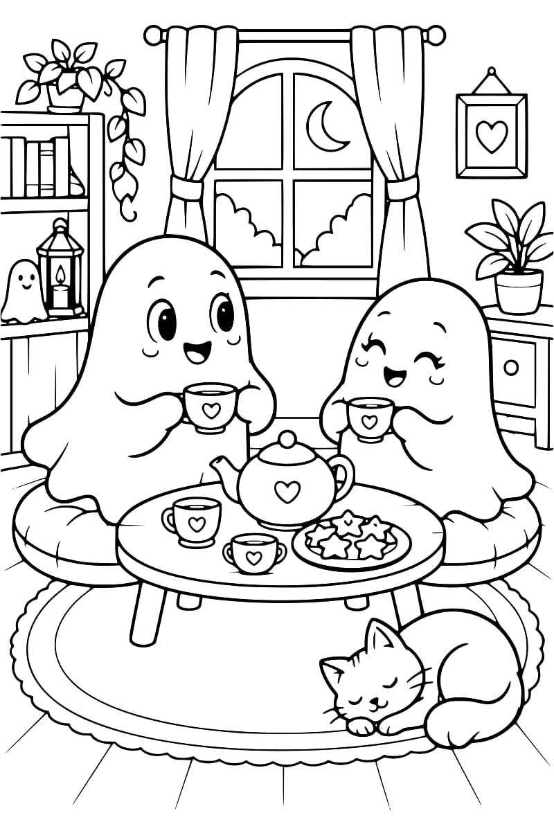 Illustration en noir et blanc de deux fantômes souriants assis sur des coussins autour d’une table basse garnie d’une théière, de tasses et de biscuits, avec un chat endormi sur le tapis.