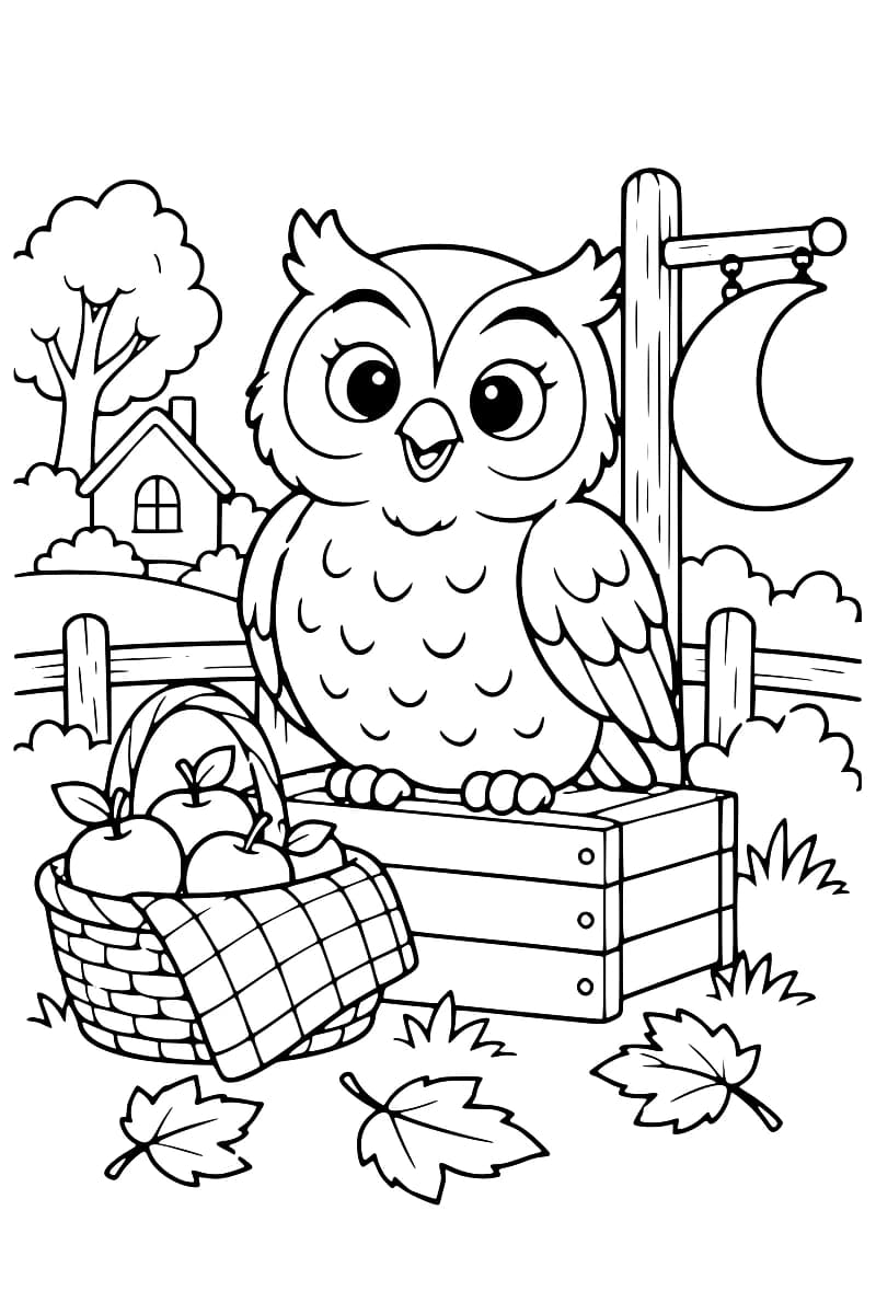 Dessin en noir et blanc d’un hibou perché sur une caisse, avec un panier de pommes, une maison, des feuilles et un croissant de lune.