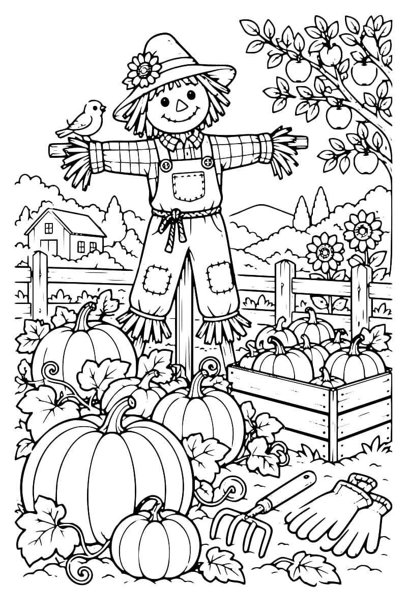 Dessin en noir et blanc d’un épouvantail au milieu de citrouilles, devant une clôture, une maison et une caisse de récolte.