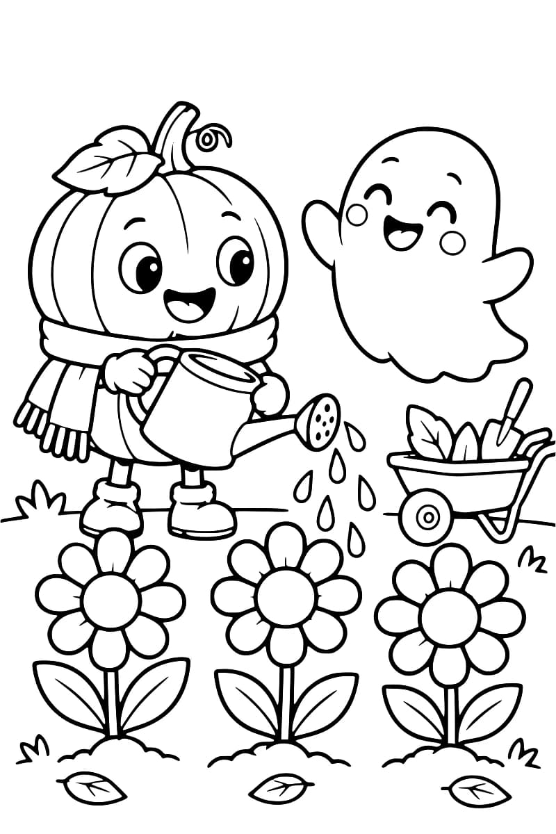 Dessin en noir et blanc représentant un fantôme souriant qui arrose des fleurs avec une citrouille à ses côtés, près d’une brouette remplie de plantes.