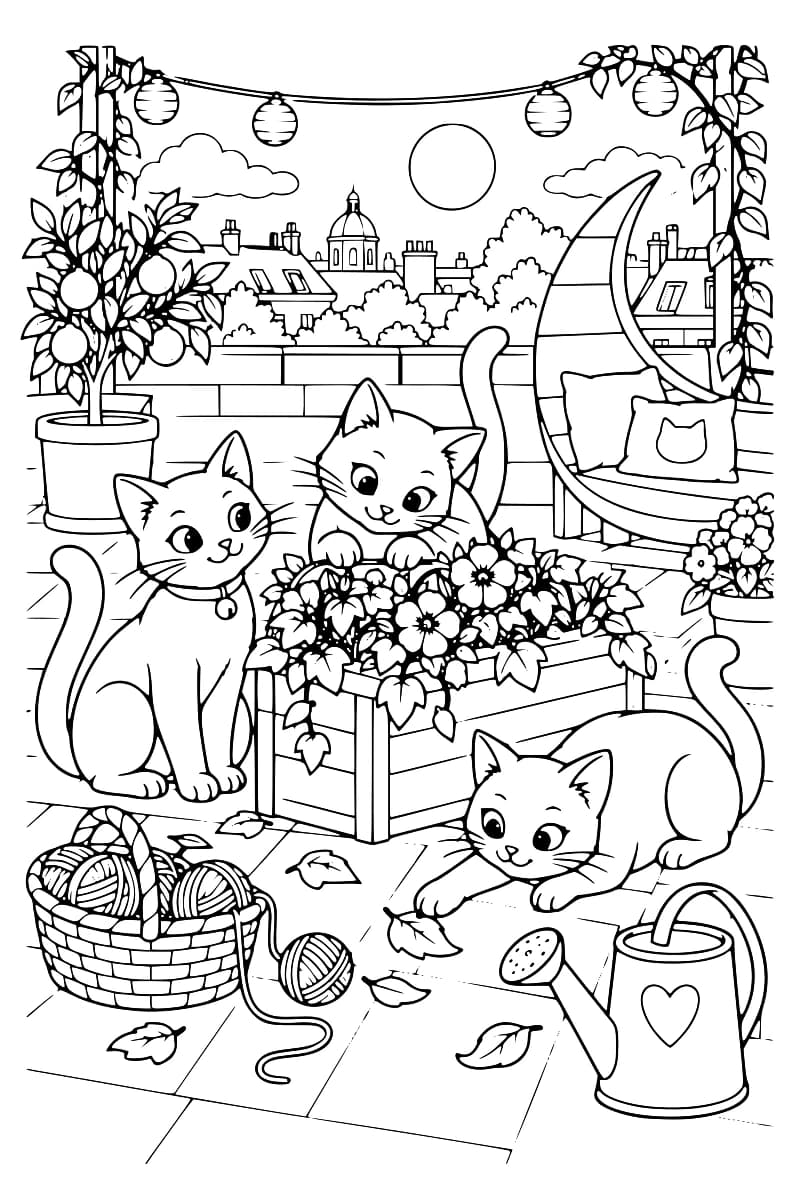 Trois chats sont réunis sur un toit-terrasse avec des jardinières fleuries, un arbre en pot, un fauteuil suspendu, un panier de pelotes et un arrosoir.