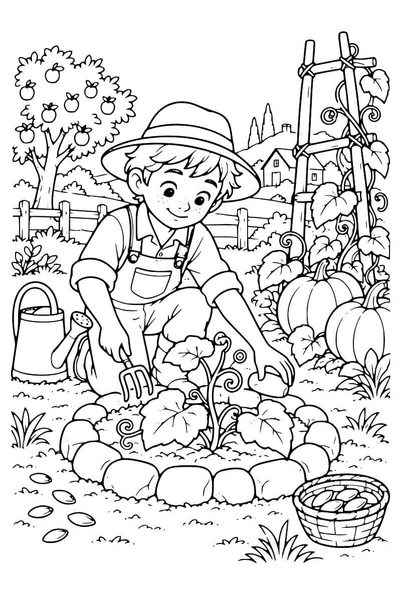 Dessin en noir et blanc d’un jeune jardinier agenouillé dans un potager, cultivant des plants de citrouille avec un arrosoir et un panier à proximité.