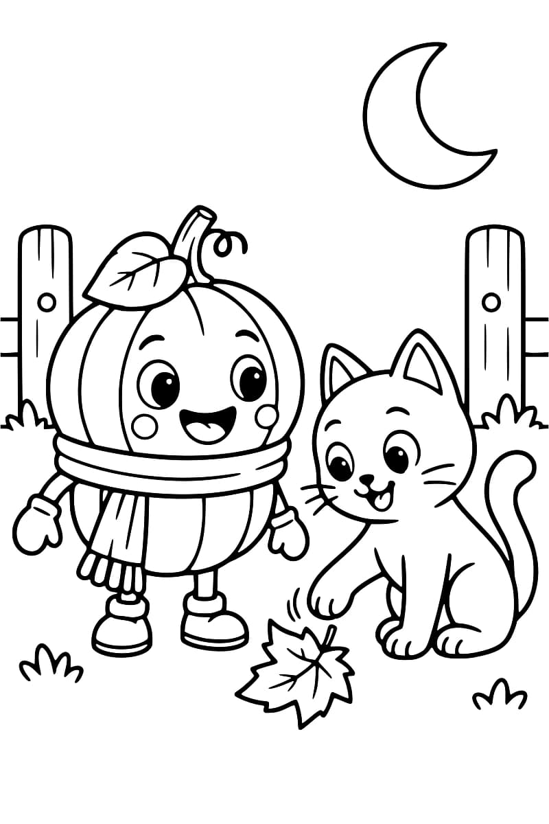 Dessin en noir et blanc d’un chat assis touchant une feuille devant une citrouille souriante, avec une clôture, de l’herbe et un croissant de lune.