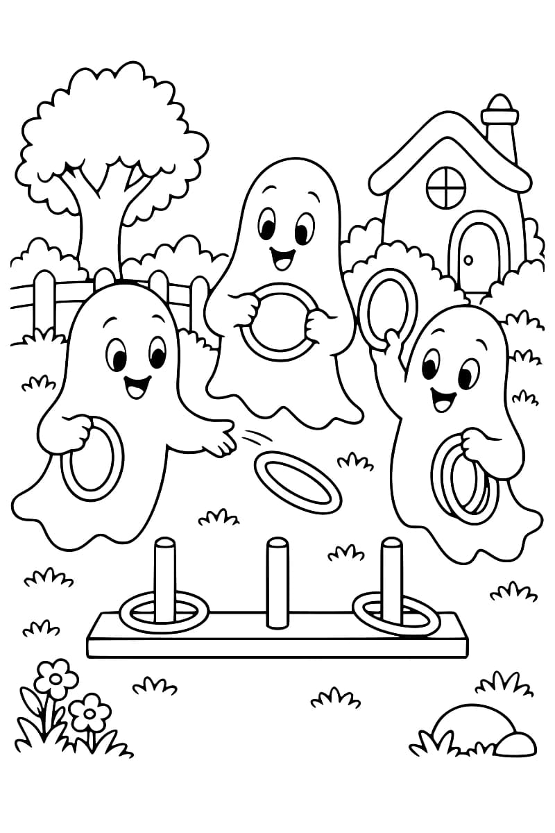 Dessin en noir et blanc de trois fantômes souriants tenant des anneaux près d’un jeu de lancer d’anneaux, dans un jardin avec une maison et des arbres.