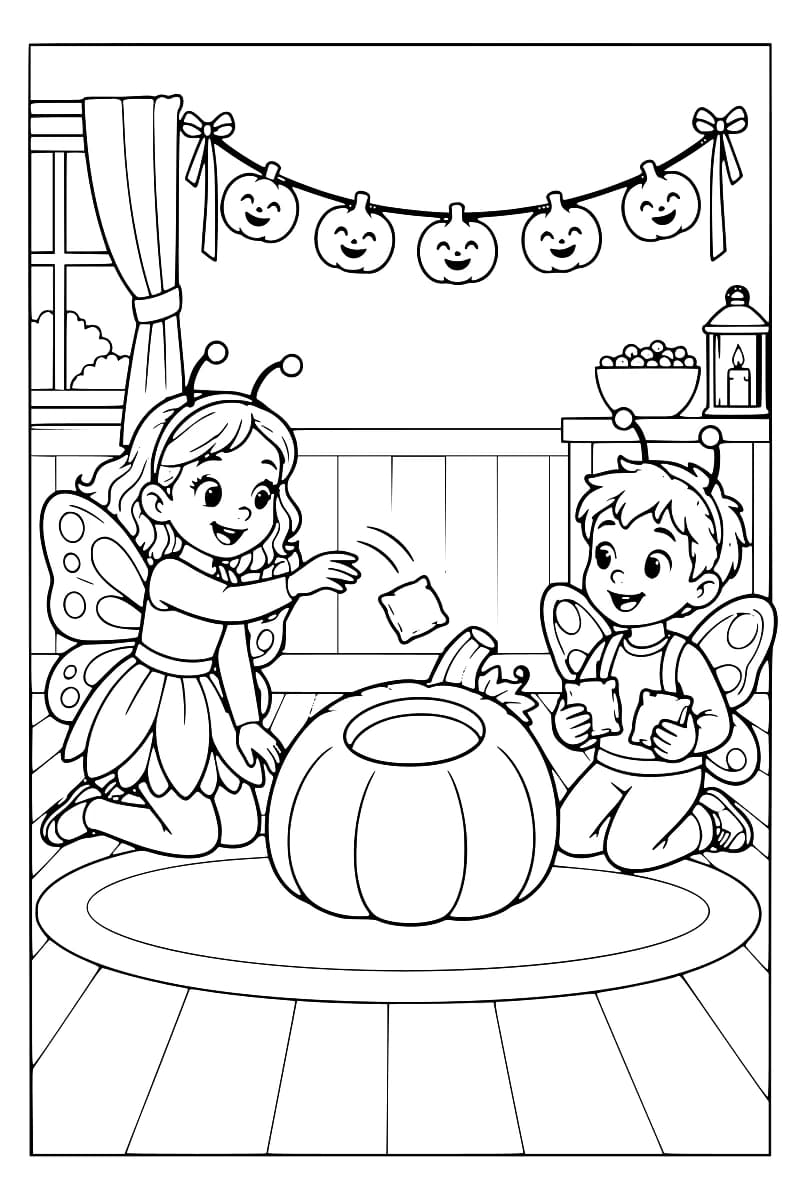 Dessin à colorier de deux enfants agenouillés sur un tapis, de part et d’autre d’une cible en forme de citrouille : l’un lance un petit coussin et l’autre en tient deux, sous une guirlande de citrouilles souriantes.