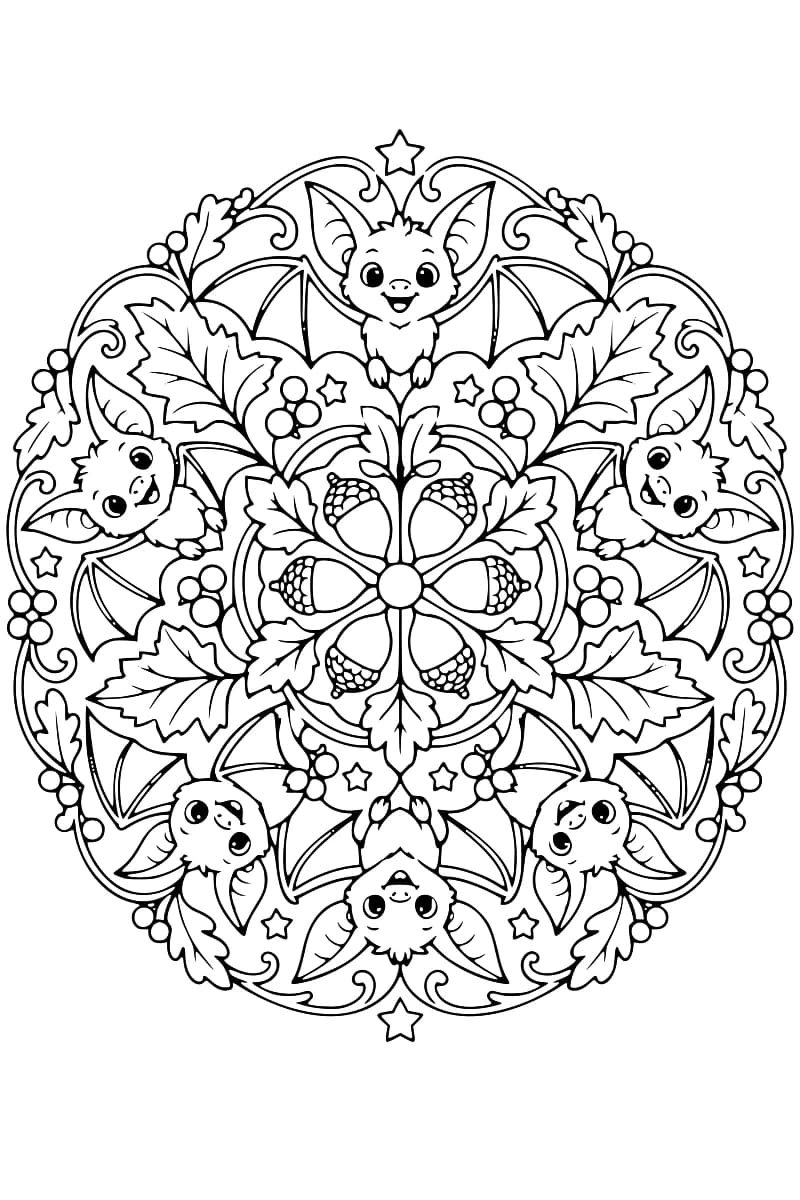 Dessin en noir et blanc d’un mandala symétrique avec six chauves-souris, des feuilles, des glands, des baies et des étoiles.