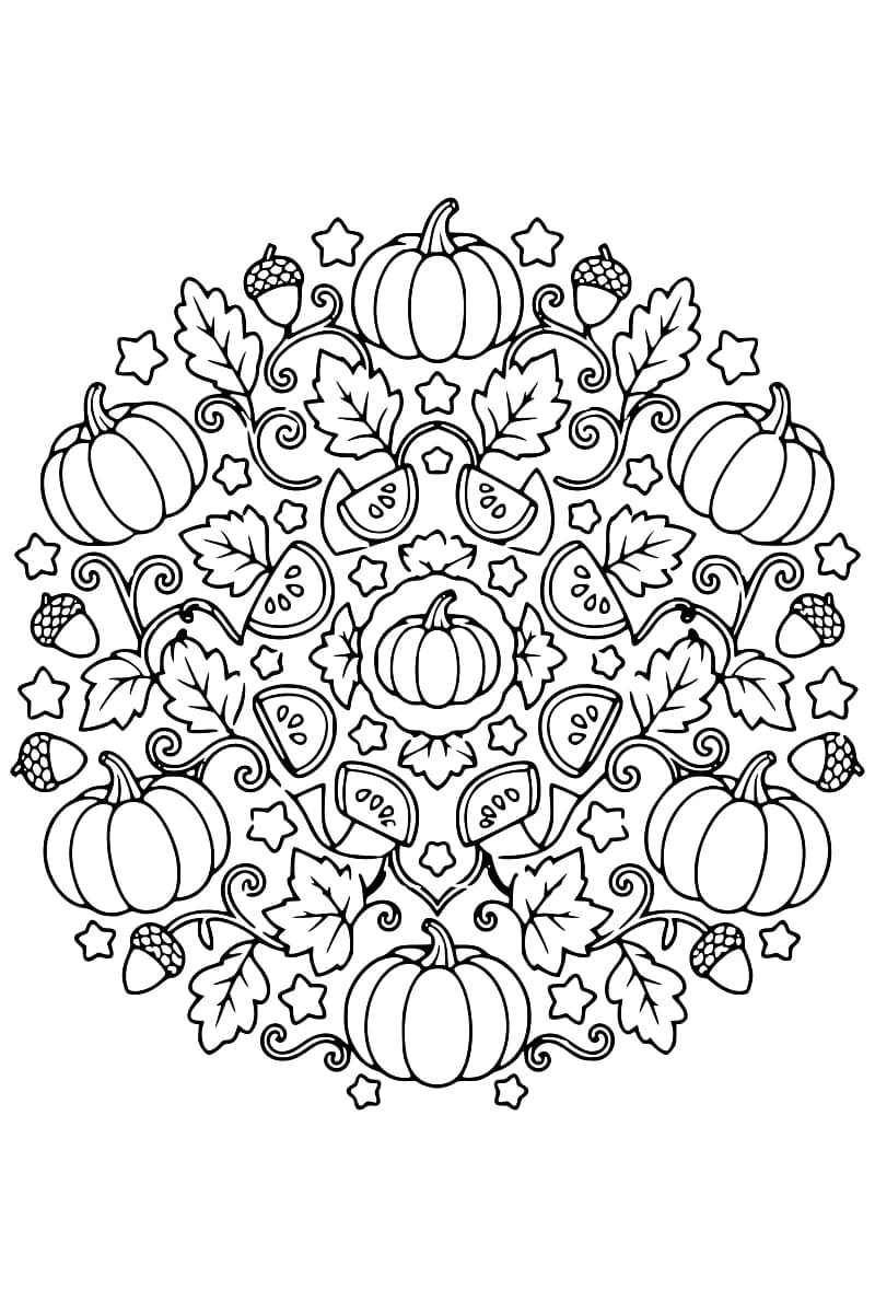 Mandala symétrique de citrouilles, de feuilles et de vrilles disposées en cercles concentriques.