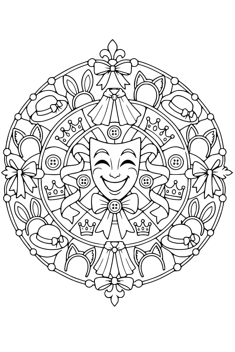 Mandala symétrique composé d’accessoires de déguisement répétés en cercles réguliers.