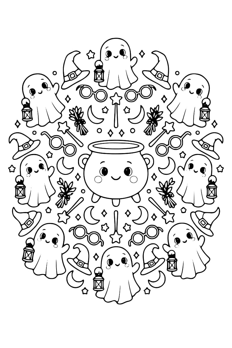 Dessin en noir et blanc d’un mandala avec un chaudron souriant au centre, entouré de fantômes portant des lanternes et de motifs d’Halloween.