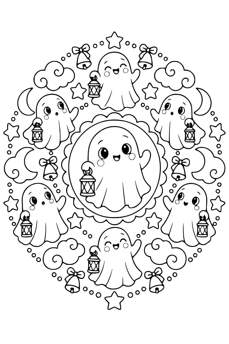 Dessin en noir et blanc représentant un mandala de fantômes souriants disposés autour d’un grand fantôme central, avec des lanternes, des clochettes, des nuages, des étoiles et des lunes.