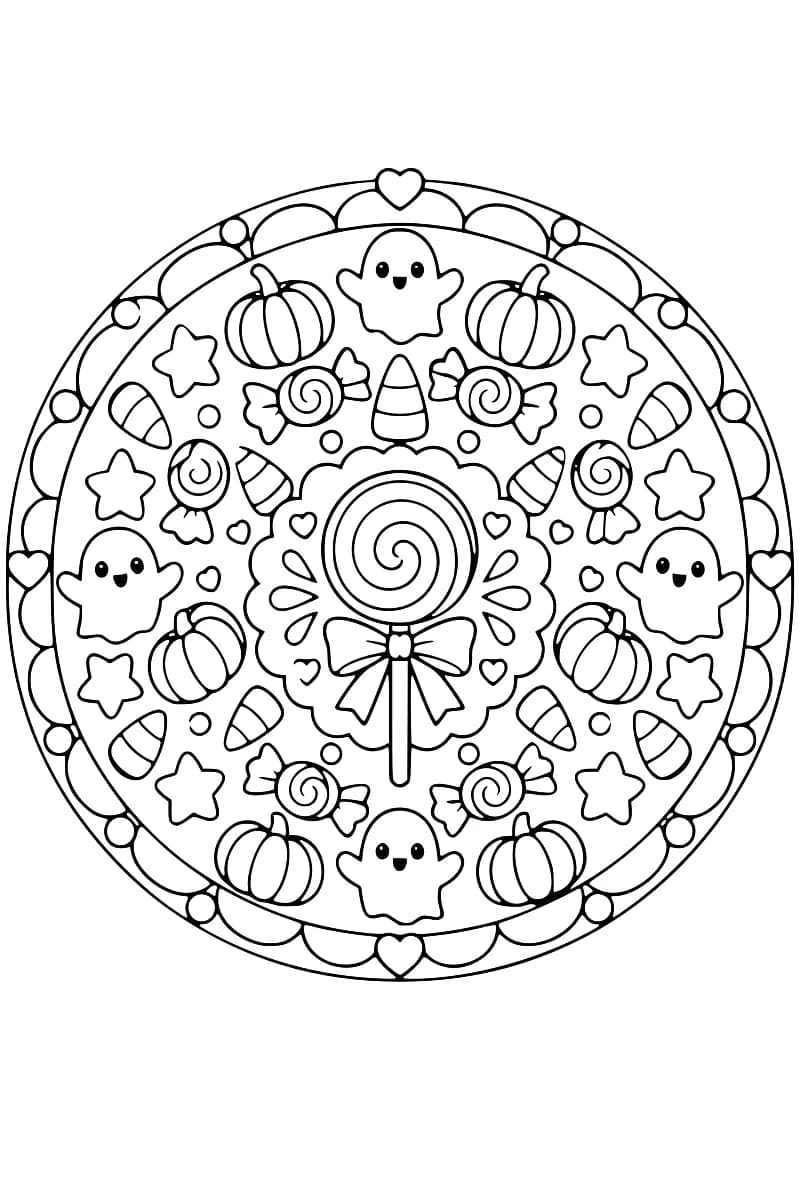 Mandala symétrique composé de rangées concentriques de bonbons, de citrouilles et de visages de fantômes souriants.